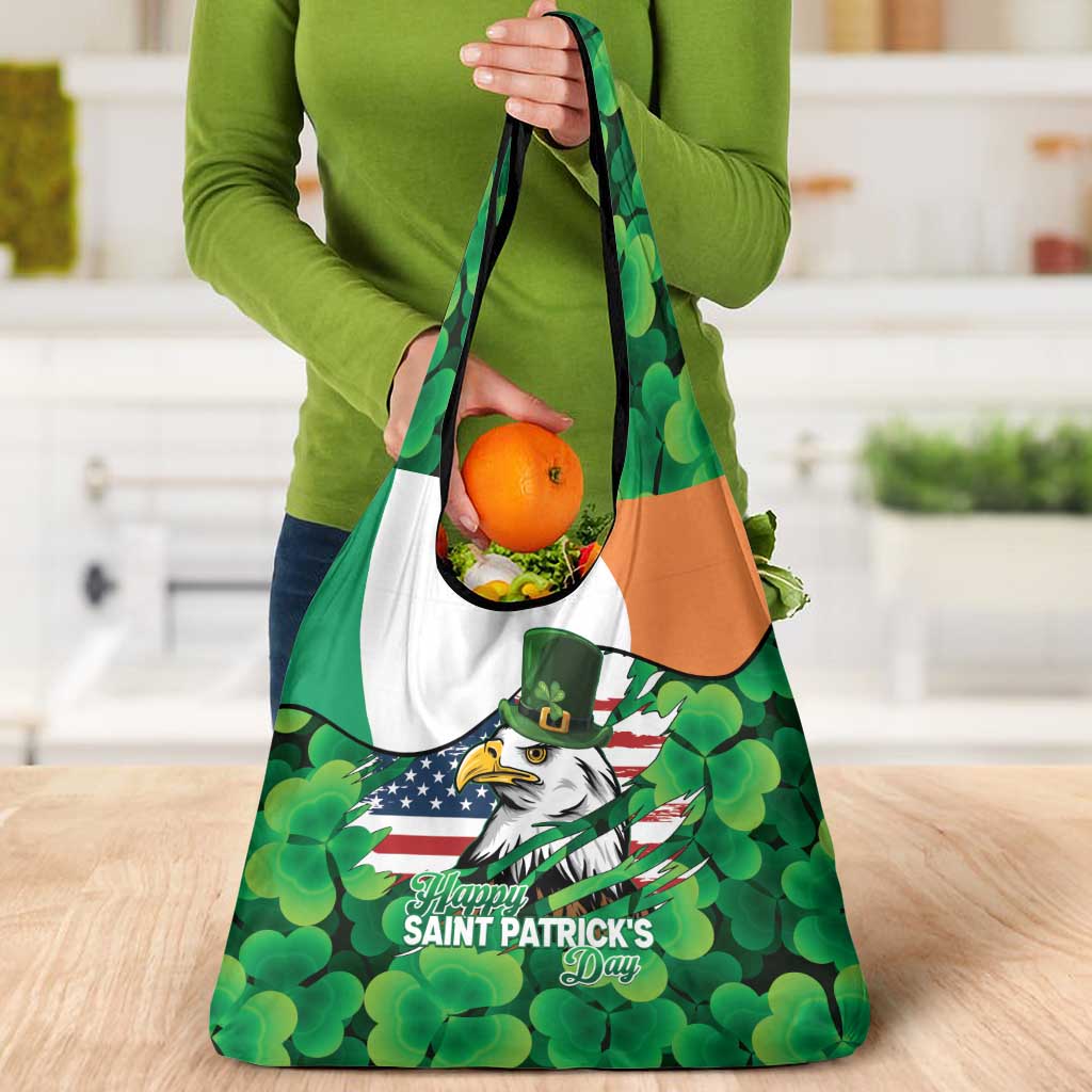 Irish American St Patrick's Day Grocery Bag USA Eagle Leprechaun Hat Shamrock Pattern