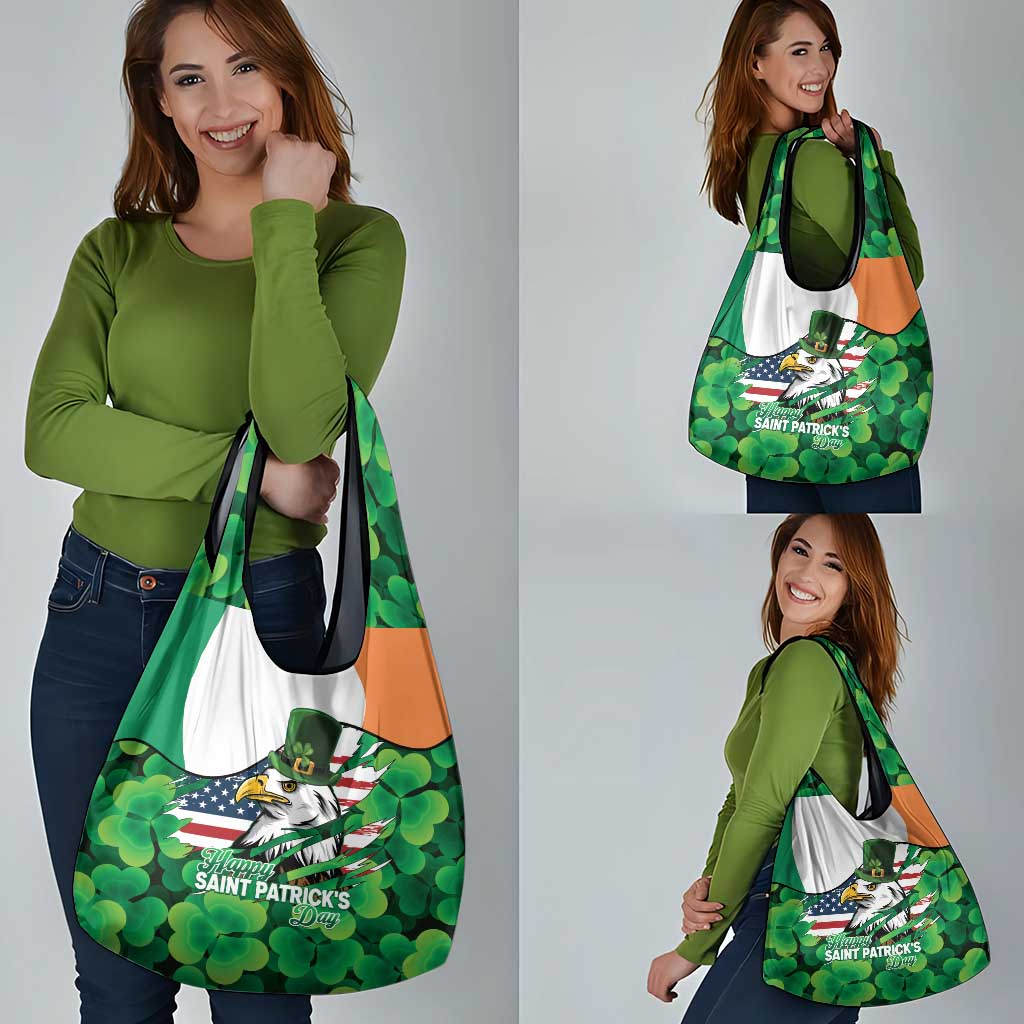 Irish American St Patrick's Day Grocery Bag USA Eagle Leprechaun Hat Shamrock Pattern