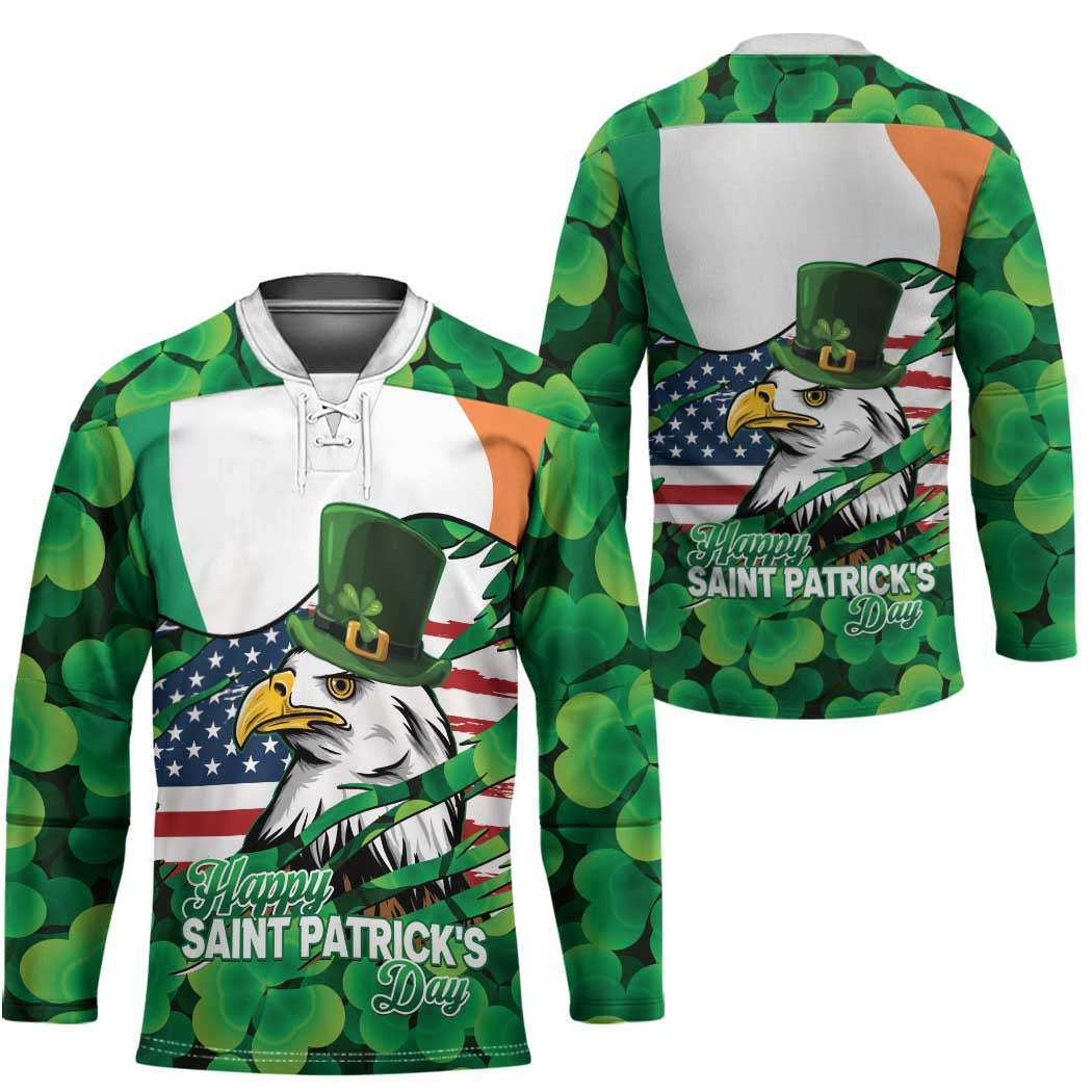 Irish American St Patrick's Day Hockey Jersey USA Eagle Leprechaun Hat Shamrock Pattern