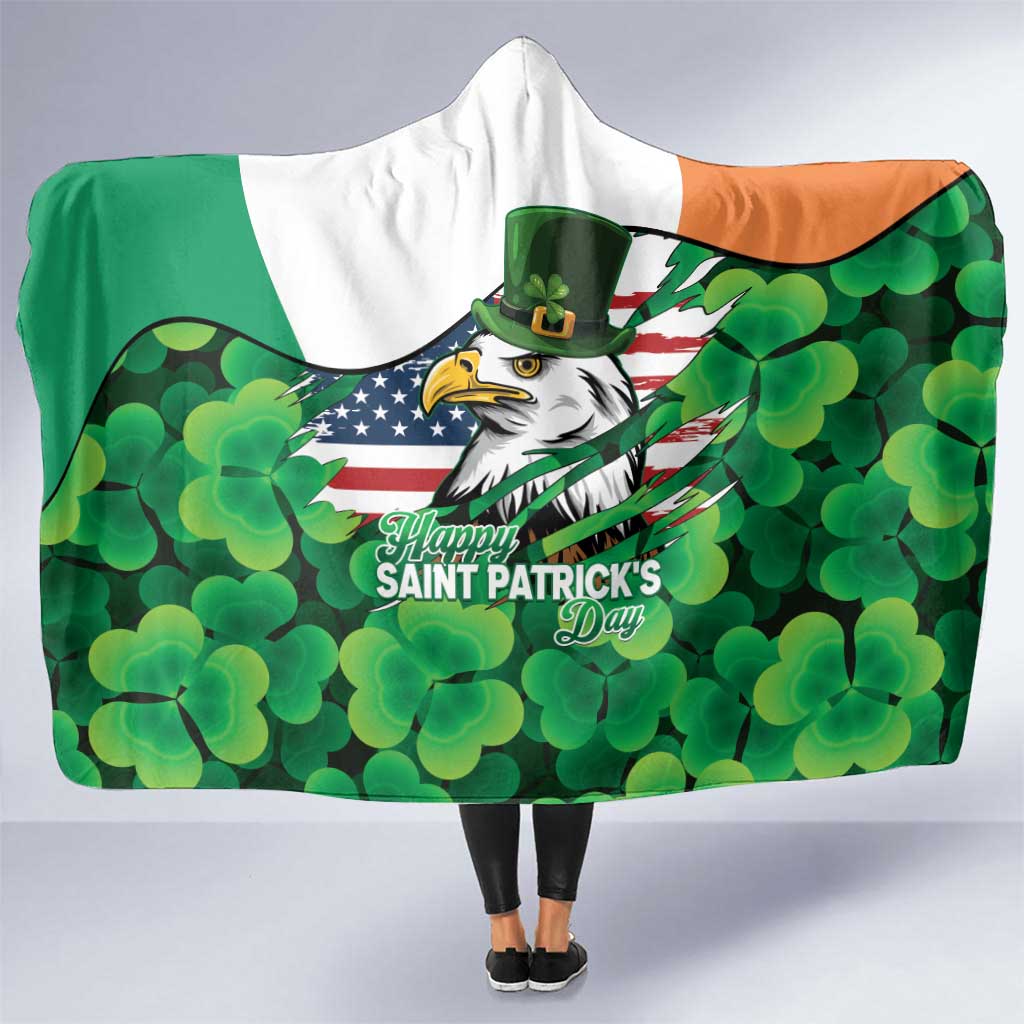 Irish American St Patrick's Day Hooded Blanket USA Eagle Leprechaun Hat Shamrock Pattern