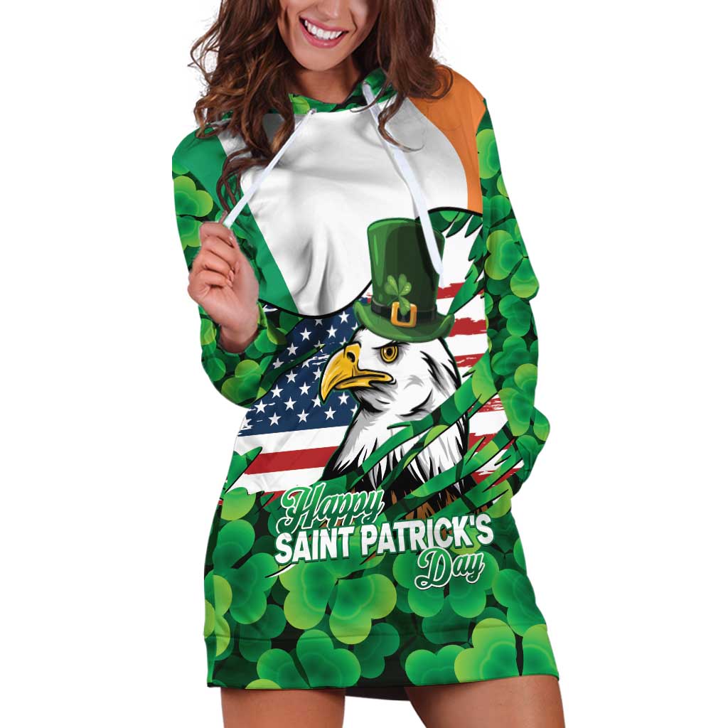 Irish American St Patrick's Day Hoodie Dress USA Eagle Leprechaun Hat Shamrock Pattern