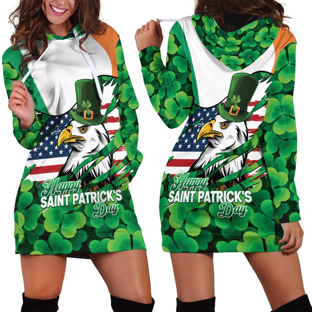 Irish American St Patrick's Day Hoodie Dress USA Eagle Leprechaun Hat Shamrock Pattern