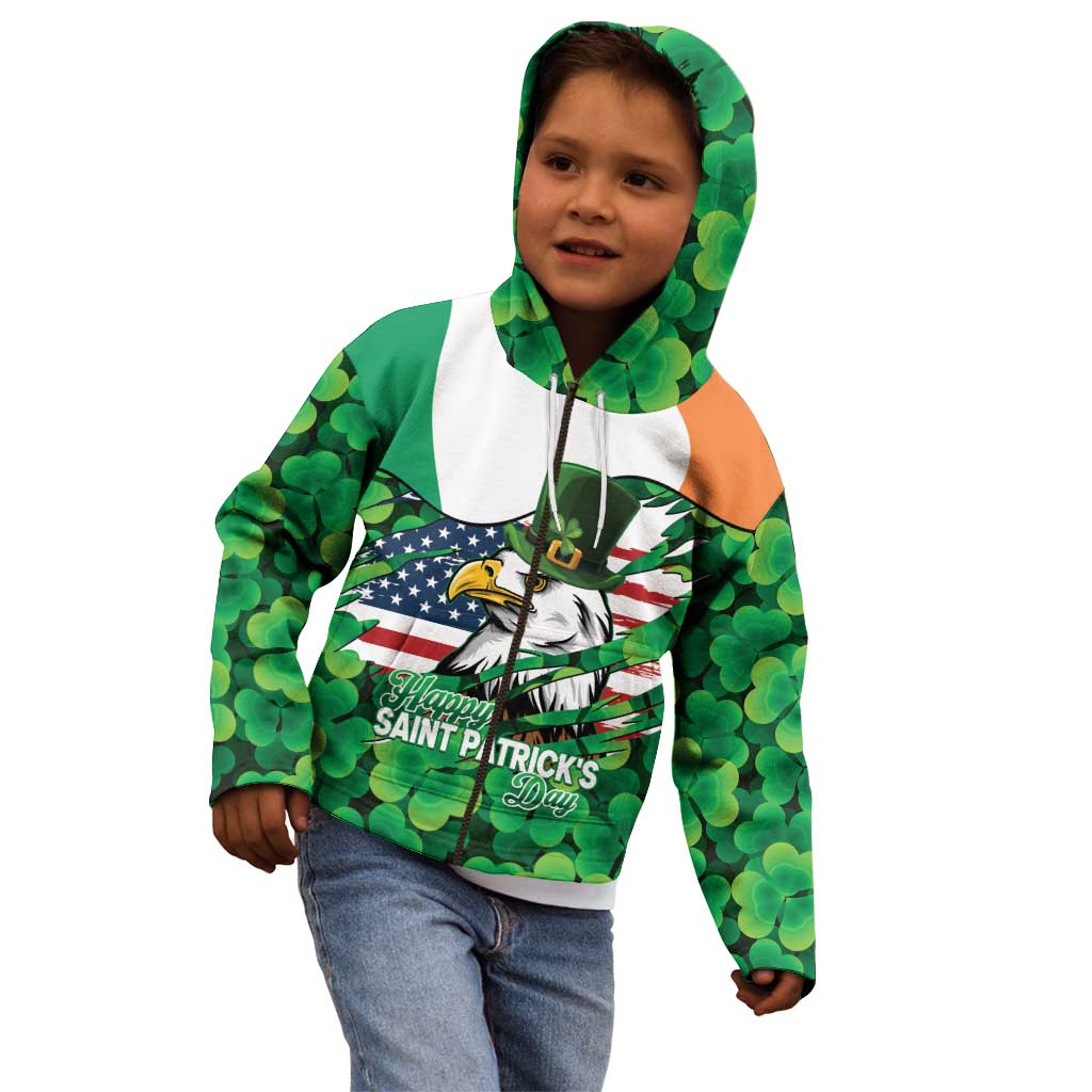 Irish American St Patrick's Day Kid Hoodie USA Eagle Leprechaun Hat Shamrock Pattern