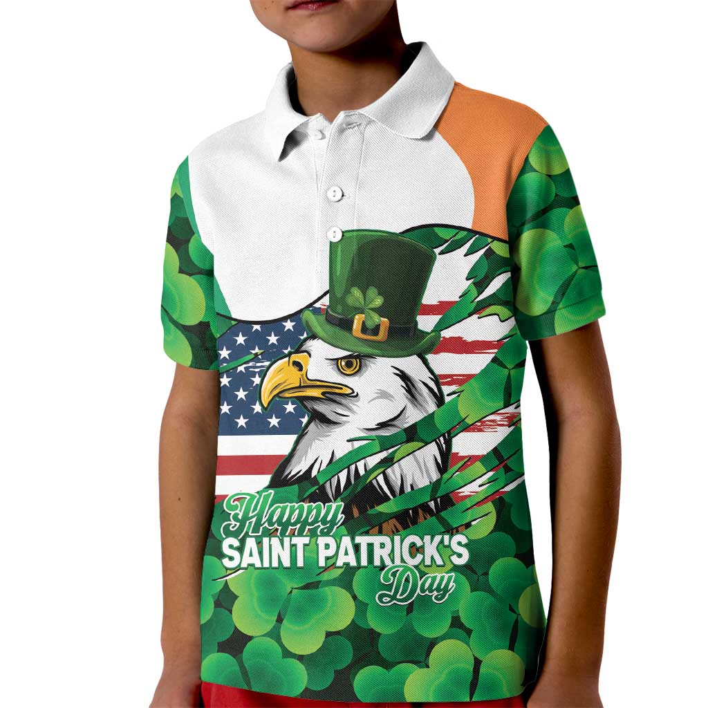 Irish American St Patrick's Day Kid Polo Shirt USA Eagle Leprechaun Hat Shamrock Pattern