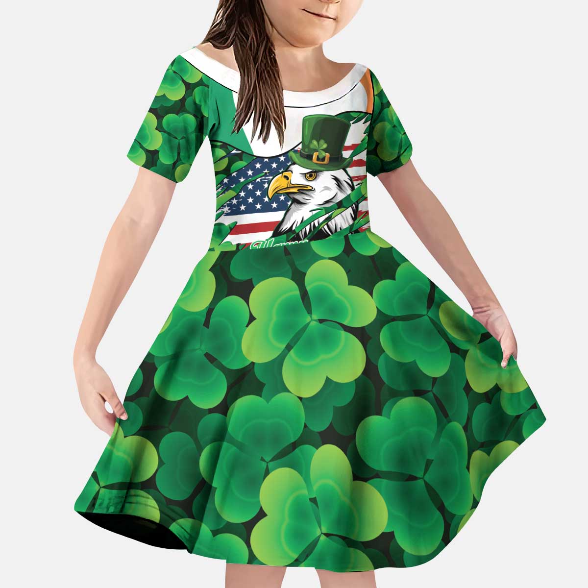 Irish American St Patrick's Day Kid Short Sleeve Dress USA Eagle Leprechaun Hat Shamrock Pattern