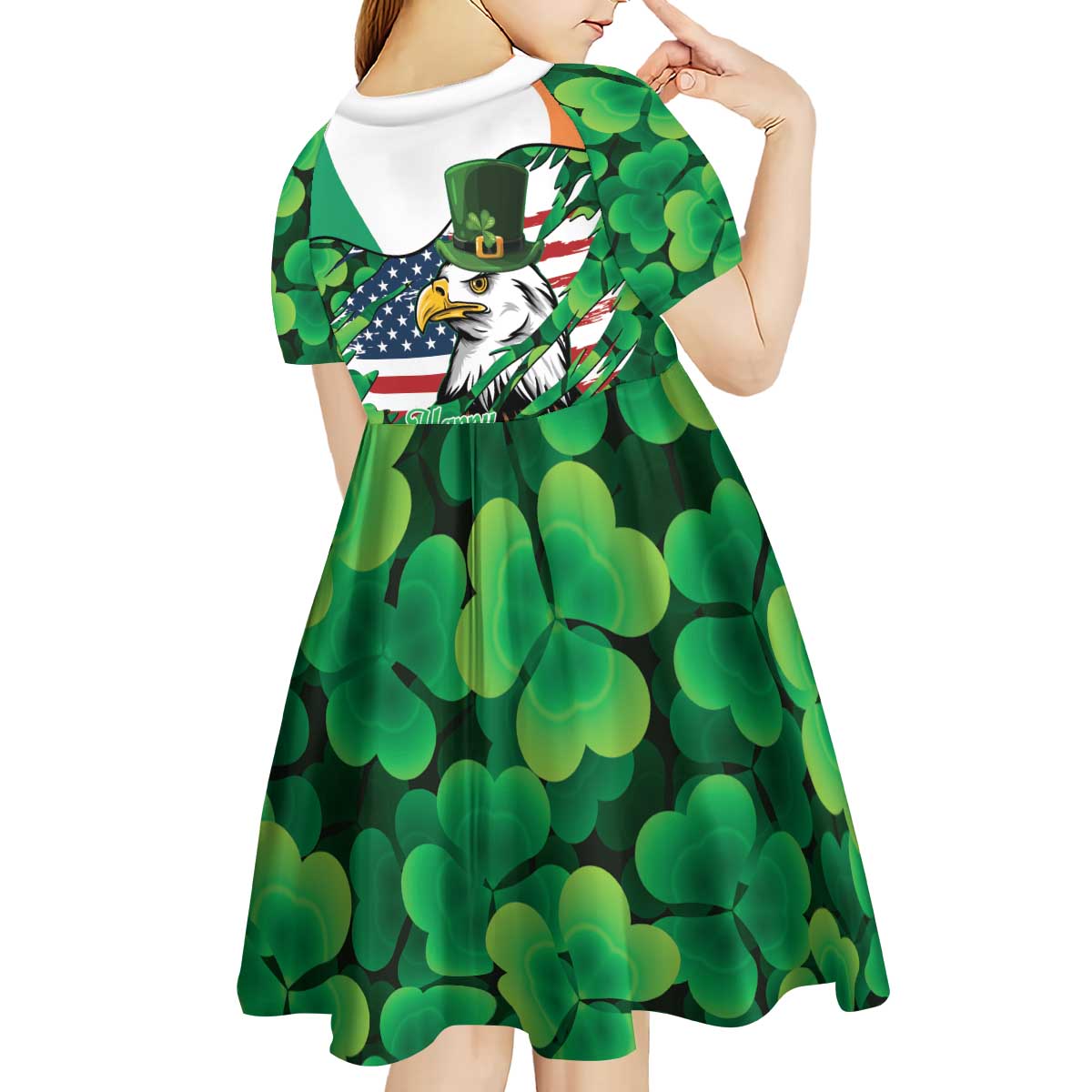 Irish American St Patrick's Day Kid Short Sleeve Dress USA Eagle Leprechaun Hat Shamrock Pattern
