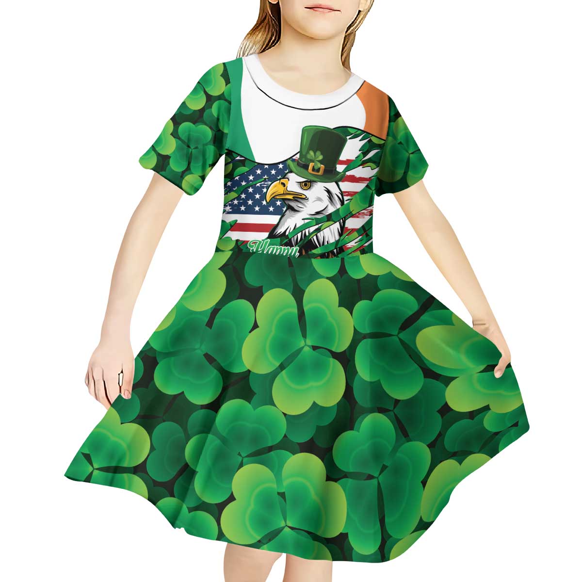 Irish American St Patrick's Day Kid Short Sleeve Dress USA Eagle Leprechaun Hat Shamrock Pattern