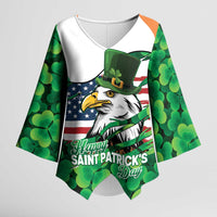 Irish American St Patrick's Day Kimono Sleeve Blouse USA Eagle Leprechaun Hat Shamrock Pattern