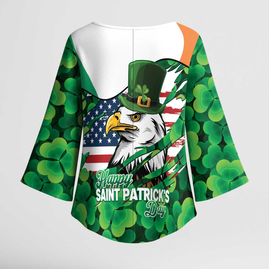 Irish American St Patrick's Day Kimono Sleeve Blouse USA Eagle Leprechaun Hat Shamrock Pattern
