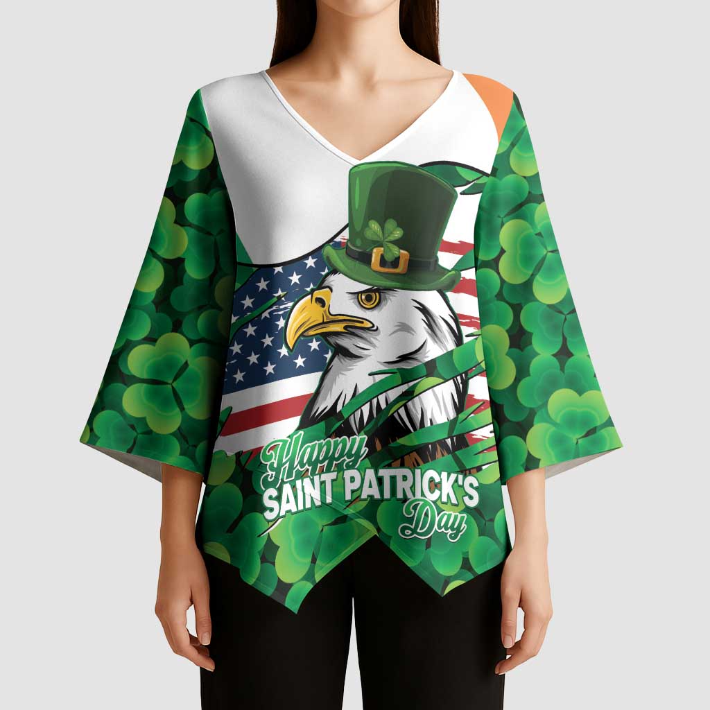 Irish American St Patrick's Day Kimono Sleeve Blouse USA Eagle Leprechaun Hat Shamrock Pattern