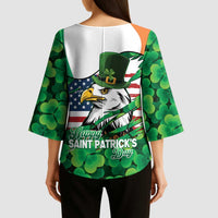 Irish American St Patrick's Day Kimono Sleeve Blouse USA Eagle Leprechaun Hat Shamrock Pattern