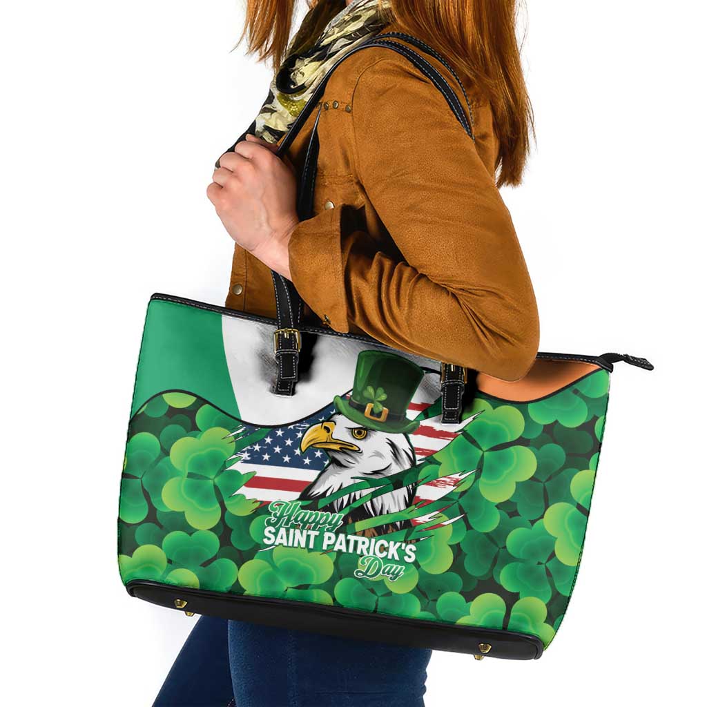 Irish American St Patrick's Day Leather Tote Bag USA Eagle Leprechaun Hat Shamrock Pattern