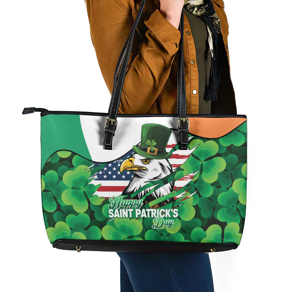 Irish American St Patrick's Day Leather Tote Bag USA Eagle Leprechaun Hat Shamrock Pattern