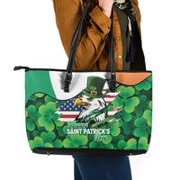 Irish American St Patrick's Day Leather Tote Bag USA Eagle Leprechaun Hat Shamrock Pattern
