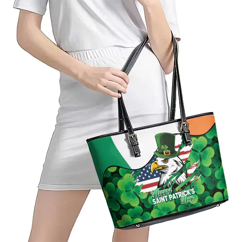Irish American St Patrick's Day Leather Tote Bag USA Eagle Leprechaun Hat Shamrock Pattern