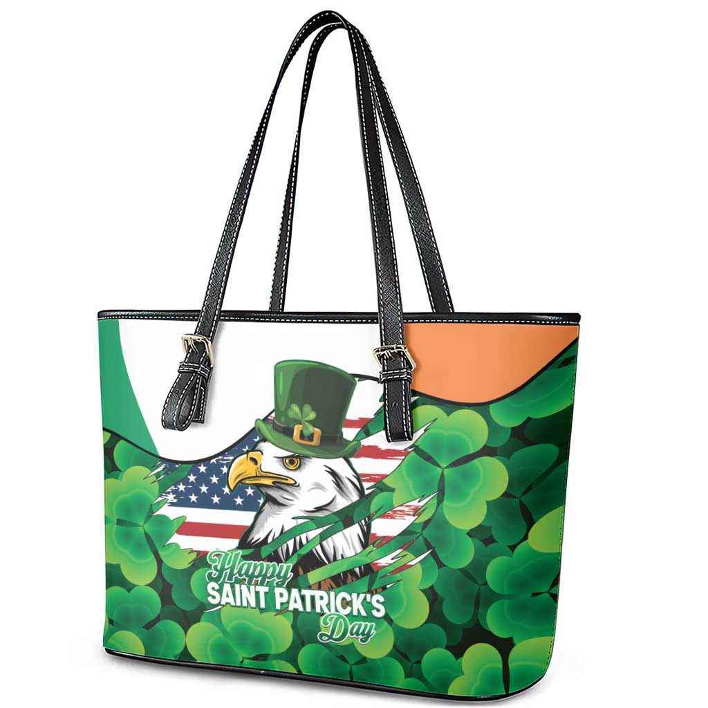 Irish American St Patrick's Day Leather Tote Bag USA Eagle Leprechaun Hat Shamrock Pattern