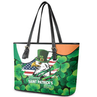 Irish American St Patrick's Day Leather Tote Bag USA Eagle Leprechaun Hat Shamrock Pattern