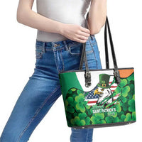 Irish American St Patrick's Day Leather Tote Bag USA Eagle Leprechaun Hat Shamrock Pattern