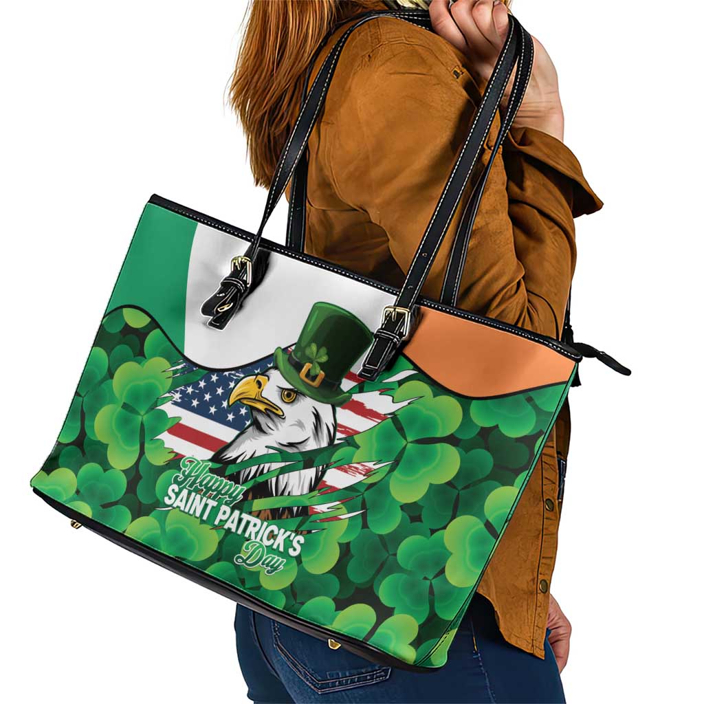 Irish American St Patrick's Day Leather Tote Bag USA Eagle Leprechaun Hat Shamrock Pattern