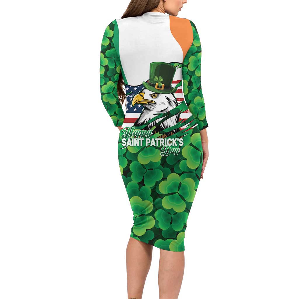 Irish American St Patrick's Day Long Sleeve Bodycon Dress USA Eagle Leprechaun Hat Shamrock Pattern
