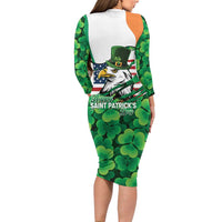 Irish American St Patrick's Day Long Sleeve Bodycon Dress USA Eagle Leprechaun Hat Shamrock Pattern