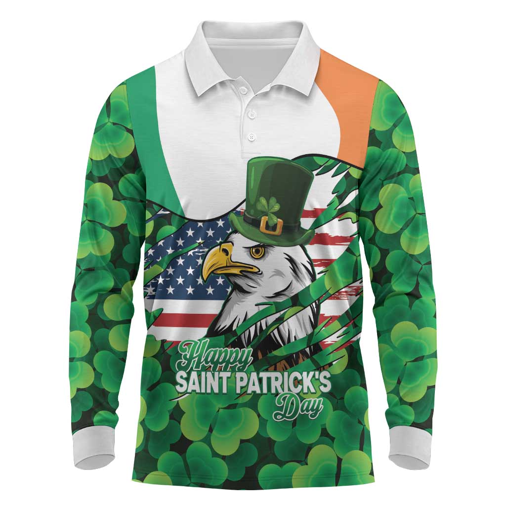 Irish American St Patrick's Day Long Sleeve Polo Shirt USA Eagle Leprechaun Hat Shamrock Pattern