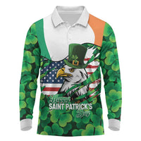 Irish American St Patrick's Day Long Sleeve Polo Shirt USA Eagle Leprechaun Hat Shamrock Pattern