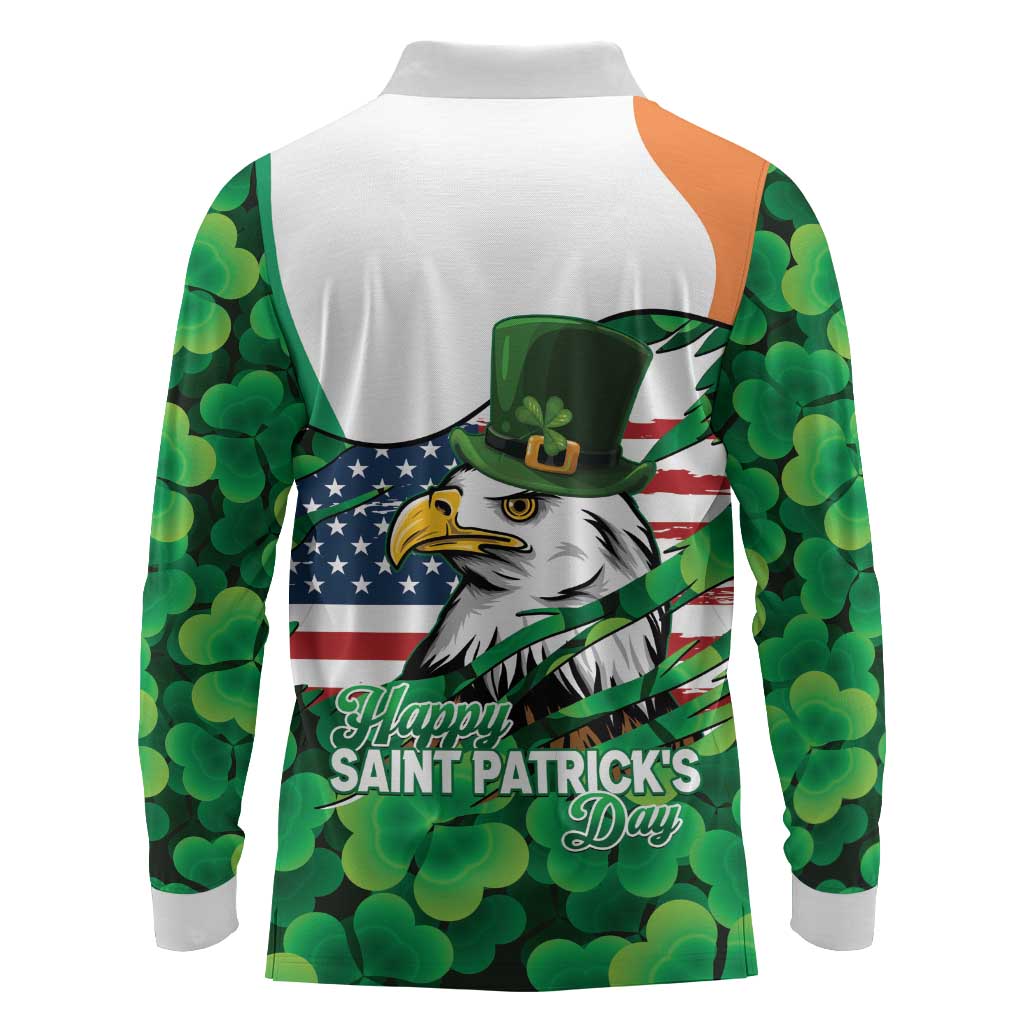 Irish American St Patrick's Day Long Sleeve Polo Shirt USA Eagle Leprechaun Hat Shamrock Pattern
