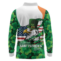Irish American St Patrick's Day Long Sleeve Polo Shirt USA Eagle Leprechaun Hat Shamrock Pattern