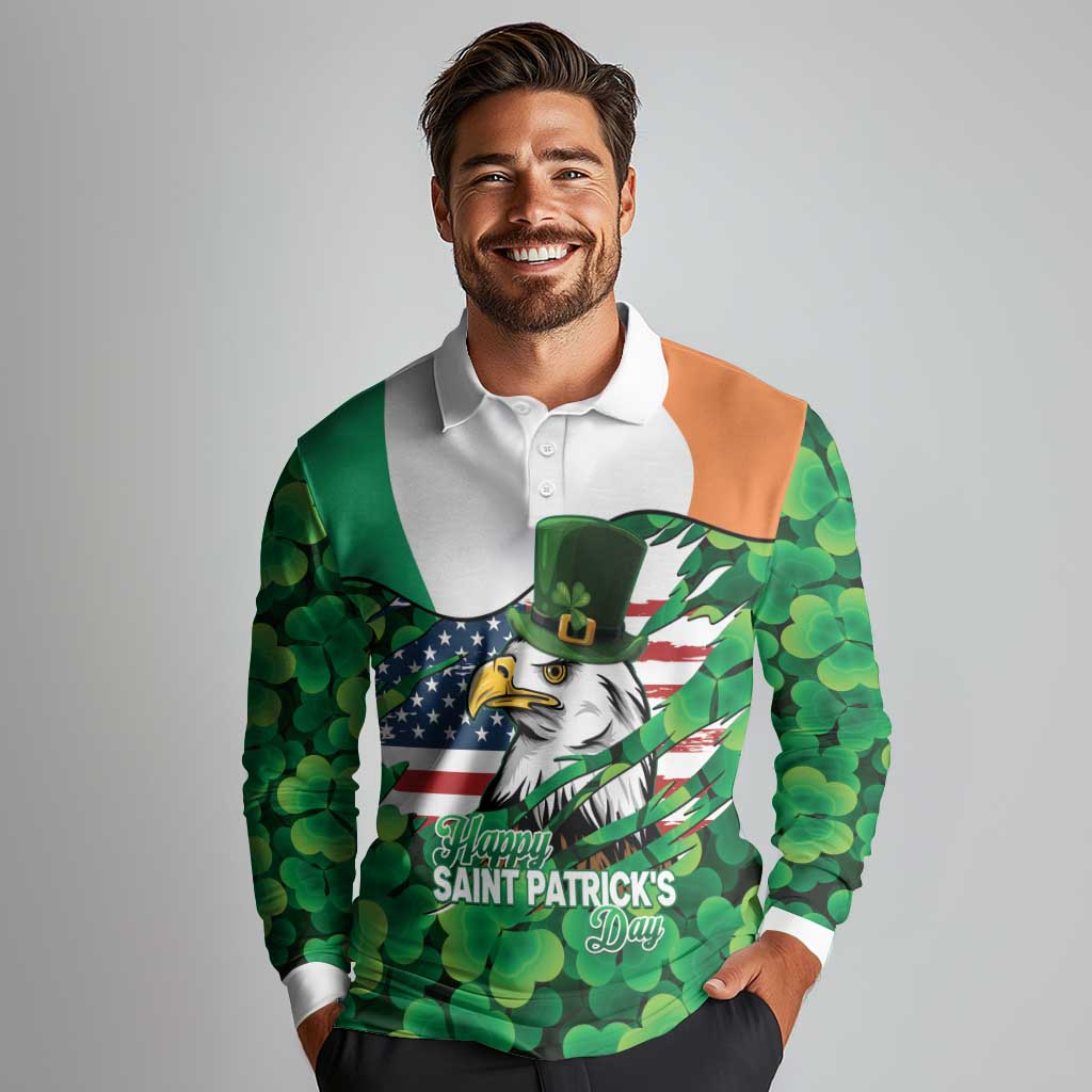 Irish American St Patrick's Day Long Sleeve Polo Shirt USA Eagle Leprechaun Hat Shamrock Pattern
