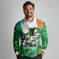 Irish American St Patrick's Day Long Sleeve Polo Shirt USA Eagle Leprechaun Hat Shamrock Pattern