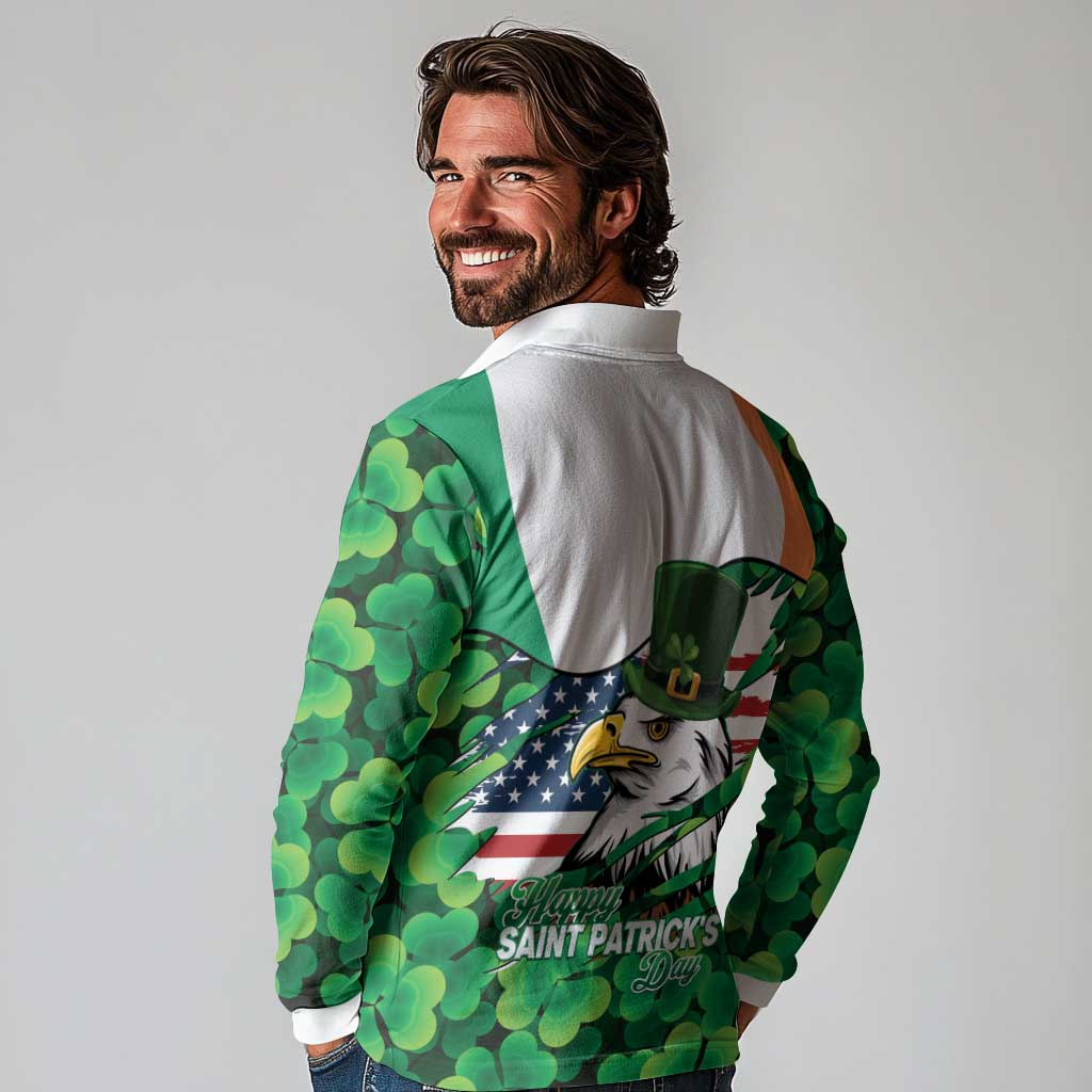 Irish American St Patrick's Day Long Sleeve Polo Shirt USA Eagle Leprechaun Hat Shamrock Pattern