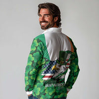 Irish American St Patrick's Day Long Sleeve Polo Shirt USA Eagle Leprechaun Hat Shamrock Pattern