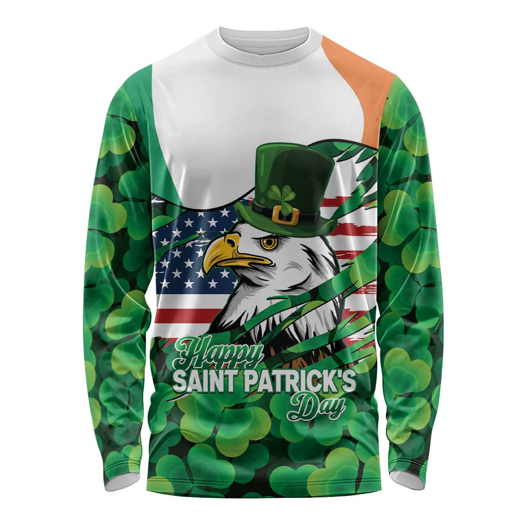 Irish American St Patrick's Day Long Sleeve Shirt USA Eagle Leprechaun Hat Shamrock Pattern