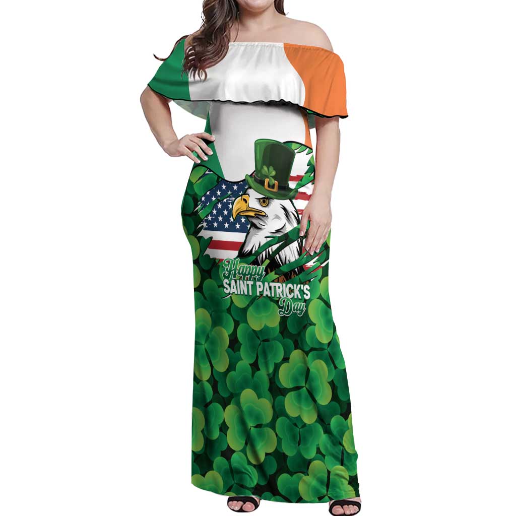 Irish American St Patrick's Day Off Shoulder Maxi Dress USA Eagle Leprechaun Hat Shamrock Pattern