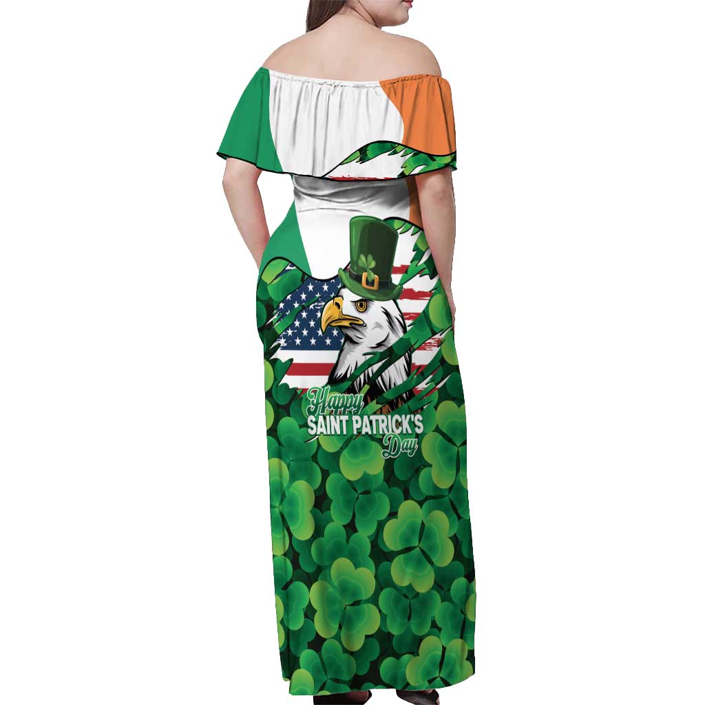 Irish American St Patrick's Day Off Shoulder Maxi Dress USA Eagle Leprechaun Hat Shamrock Pattern