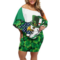 Irish American St Patrick's Day Off Shoulder Short Dress USA Eagle Leprechaun Hat Shamrock Pattern