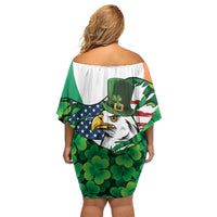 Irish American St Patrick's Day Off Shoulder Short Dress USA Eagle Leprechaun Hat Shamrock Pattern
