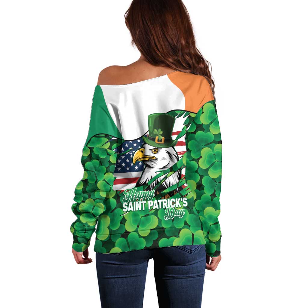 Irish American St Patrick's Day Off Shoulder Sweater USA Eagle Leprechaun Hat Shamrock Pattern