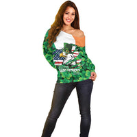 Irish American St Patrick's Day Off Shoulder Sweater USA Eagle Leprechaun Hat Shamrock Pattern