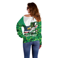 Irish American St Patrick's Day Off Shoulder Sweater USA Eagle Leprechaun Hat Shamrock Pattern