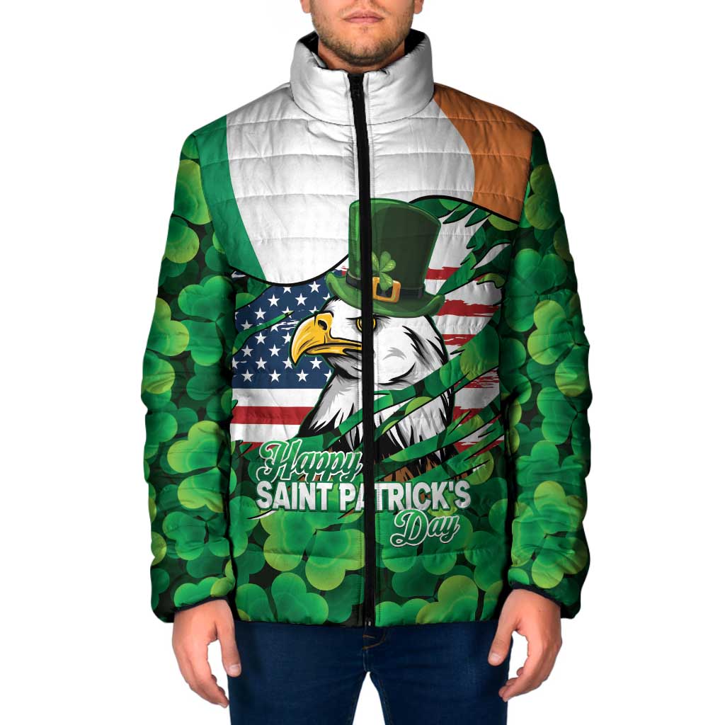 Irish American St Patrick's Day Padded Jacket USA Eagle Leprechaun Hat Shamrock Pattern