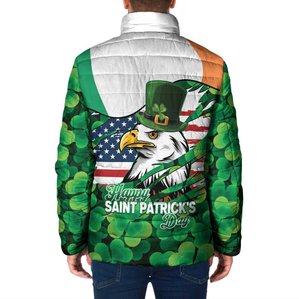 Irish American St Patrick's Day Padded Jacket USA Eagle Leprechaun Hat Shamrock Pattern