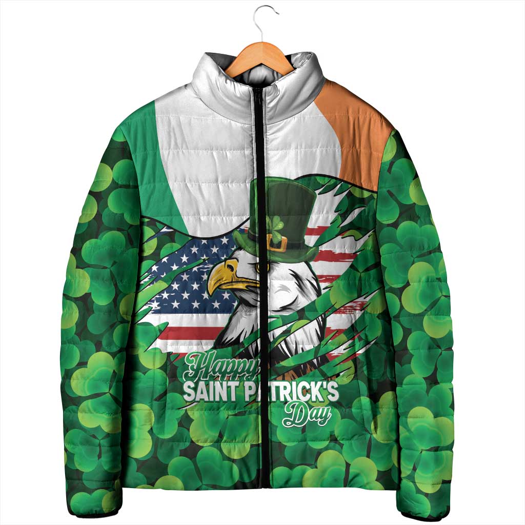Irish American St Patrick's Day Padded Jacket USA Eagle Leprechaun Hat Shamrock Pattern