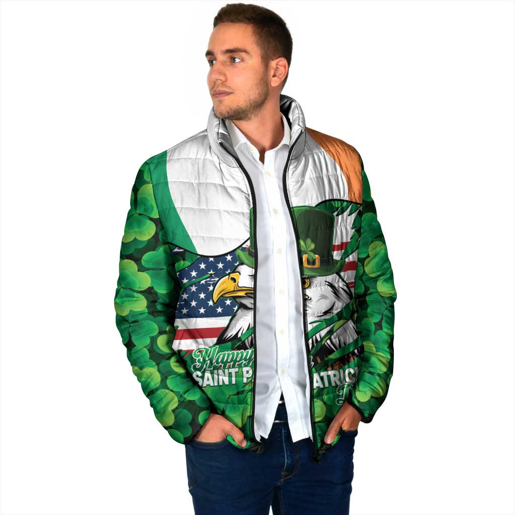 Irish American St Patrick's Day Padded Jacket USA Eagle Leprechaun Hat Shamrock Pattern