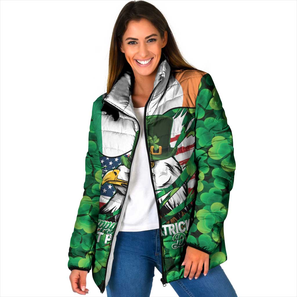 Irish American St Patrick's Day Padded Jacket USA Eagle Leprechaun Hat Shamrock Pattern