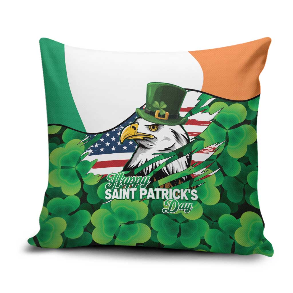 Irish American St Patrick's Day Pillow Cover USA Eagle Leprechaun Hat Shamrock Pattern