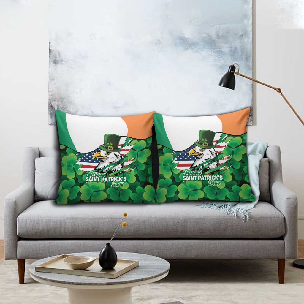 Irish American St Patrick's Day Pillow Cover USA Eagle Leprechaun Hat Shamrock Pattern