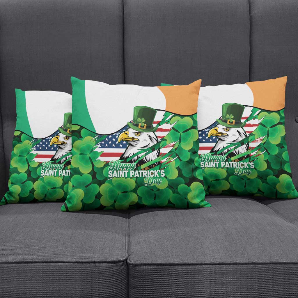 Irish American St Patrick's Day Pillow Cover USA Eagle Leprechaun Hat Shamrock Pattern