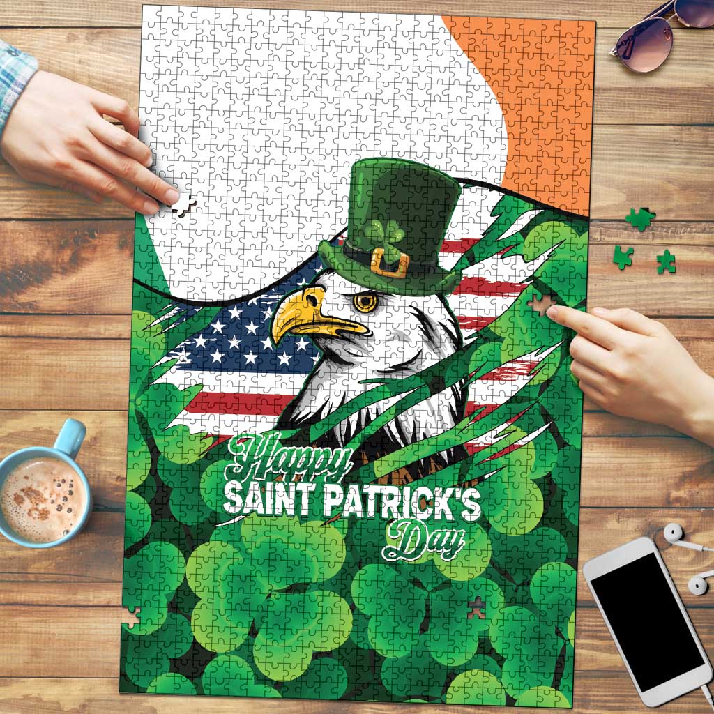 Irish American St Patrick's Day Puzzle USA Eagle Leprechaun Hat Shamrock Pattern